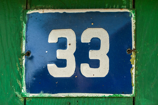 Weathered grunge square metal enameled plate of number of street address with number 33