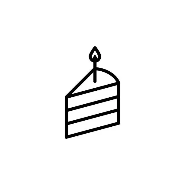 Vector illustration of Birthday cake slice vector icon. Outlined slice of a cake with a candle isolated on white background. Line art.