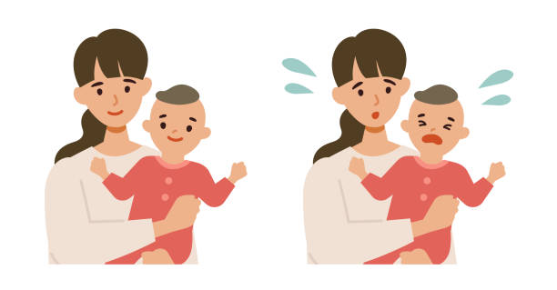Cute baby and mother smiling and worrying. Cute baby and mother smiling and worrying. Isolated vector illustration in flat style. crying baby cartoon stock illustrations
