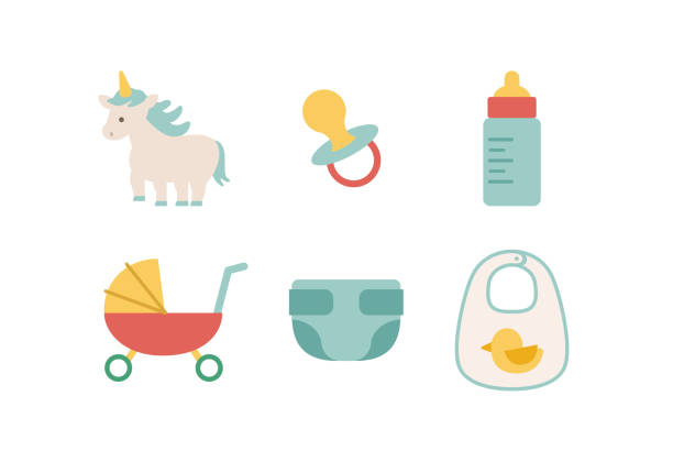 Cute baby icons. Pacifier, diaper, baby bottle and stroller. Cute baby icons. Pacifier, diaper, baby bottle and stroller. Isolated vector illustration in flat style. baby goods stock illustrations