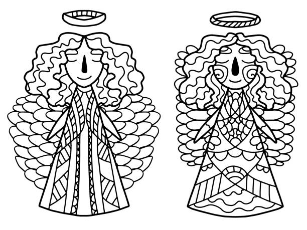 Cartoon christian characters coloring page for kids and adults Cartoon christian characters coloring page for kids and adults. Two angels detailed ornamental black outline on white background. Anti stress stock vector illustration. Smiling angels with grand wings smile jesus loves you drawing stock illustrations