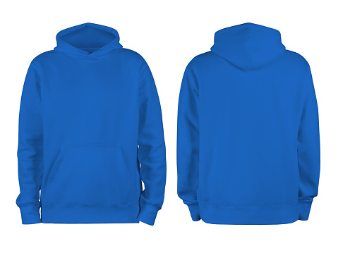 Men's blue blank hoodie template,from two sides, natural shape on invisible mannequin, for your design mockup for print, isolated on white background