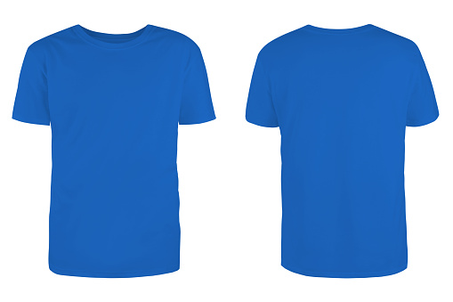 Men's  blue blank T-shirt template,from two sides, natural shape on invisible mannequin, for your design mockup for print, isolated on white background.