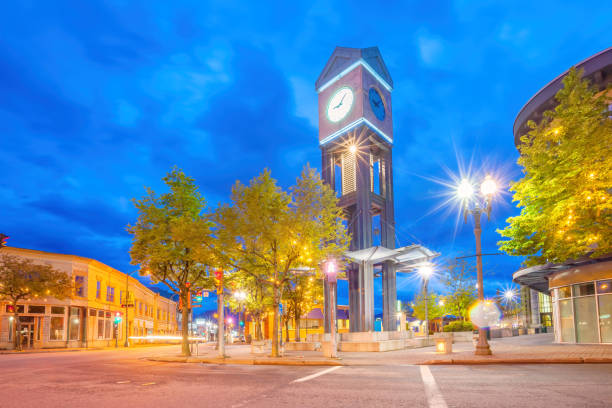 Clock tower in downtown Chilliwack, British Columbia, Canada illuminated at twilight.