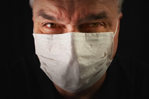A worried elderly man wearing medical face mask. A stylized version using paintbrush strokes.