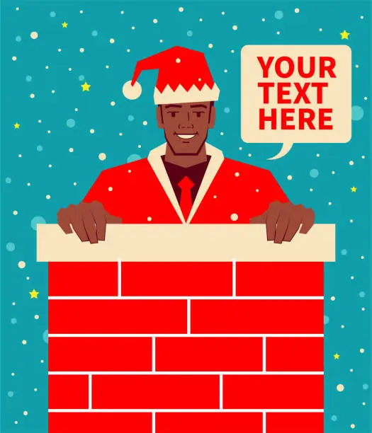 Vector illustration of Smiling handsome man dressed in a Santa Claus suit climbing chimney