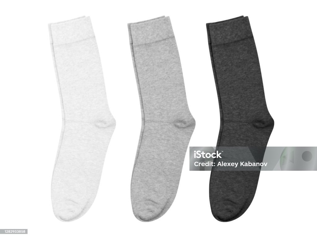 Set of long socks white, gray, black, isolated on white background Sock Stock Photo