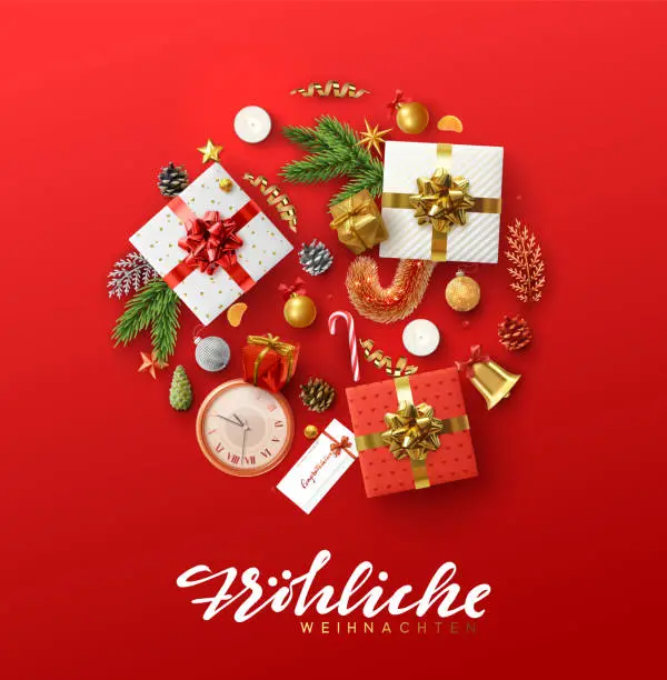 Vector illustration of German text Frohliche Weihnachten. Christmas greeting card with holiday objects.