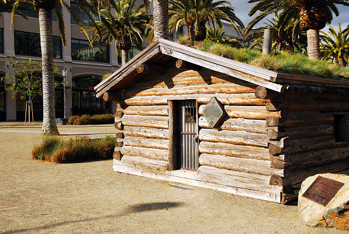 Oakland, CA, USA February 21 A replica of the Cabin where Jack London lived stands in Jack London Square, Oakland, California