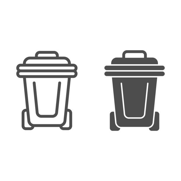 пластиковые мусор может линии и твердые значок, очистка концепции службы, пластиковые пыли бен знак на белом фоне, перерабатывать мусор мож - garbage can stock illustrations