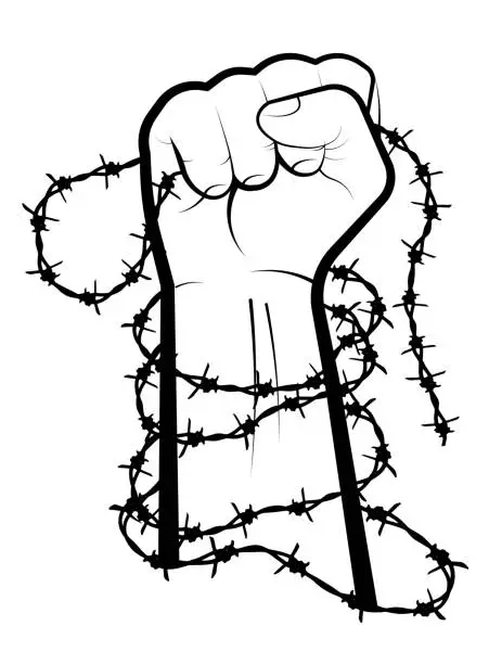 Vector illustration of hand clenched into fist in barbed wire loops. Combating injustice and discrimination. Illegally convicted prisoners of prisons and concentration camps. Vector