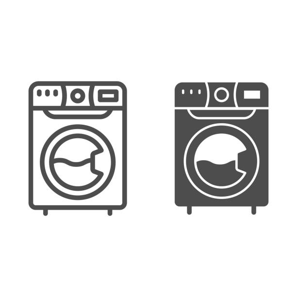 세탁기 라인과 단단한 아이콘, 청소 서비스 개념, 흰색 배경에 세탁소 기호, 모바일 개념 및 웹 디자인을위한 윤곽 스타일 세탁기 아이콘. 벡터 그래픽. - washing machine stock illustrations