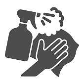 istock Spray bottle with cleaning napkin solid icon, Cleaning concept, surface wiping with absorbent tissue sign on white background, spray and absorbent cloth icon glyph style. Vector graphics. 1282946625