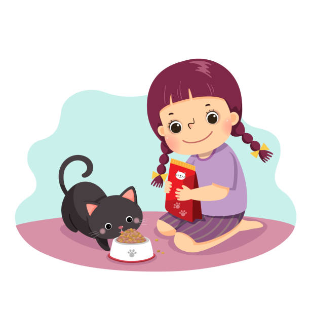 vektor-illustration cartoon eines kleinen mädchens fütterung ihre katze zu hause. kinder, die hausaufgaben zu hause konzept. - cat food stock-grafiken, -clipart, -cartoons und -symbole