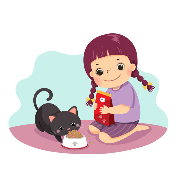 illustrazioni stock, clip art, cartoni animati e icone di tendenza di illustrazione vettoriale cartone animato di una bambina che nutre il suo gatto a casa. bambini che fanno lavori domestici a casa concetto. - animals feeding illustrations