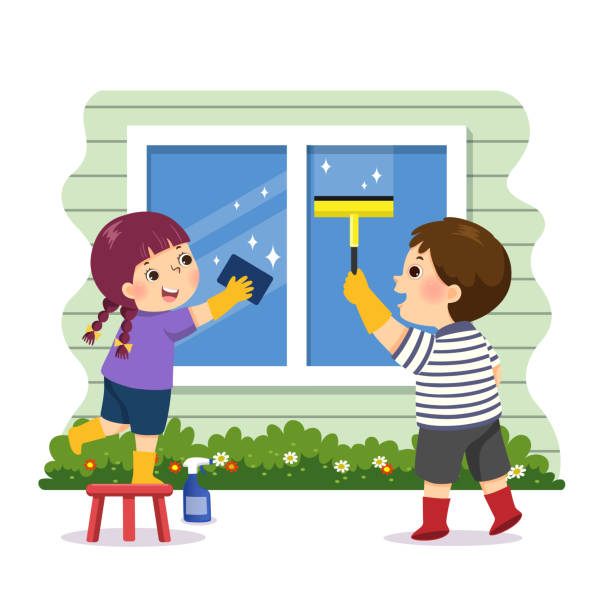 Vector Illustration Cartoon Of Siblings Helping To Clean The Window At Home  Kids Doing Housework Chores At Home Concept Stock Illustration - Download  Image Now - iStock