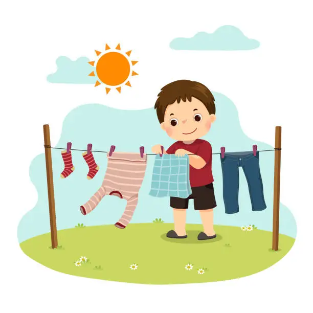 Vector illustration of Vector illustration cartoon of a little boy hanging the laundry in the backyard. Kids doing housework chores at home concept.