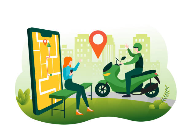 frau bestellt online-motorradtransport mit smartphone-app-service - people traveling global positioning system travel mobile phone stock-grafiken, -clipart, -cartoons und -symbole