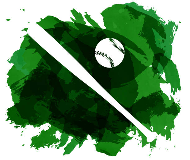 illustrazioni stock, clip art, cartoni animati e icone di tendenza di spruzzi di acquerello verde astratto con silhouette di attrezzature da baseball - art painted image ball baseball