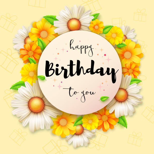 istock Birthday card with floral composition. Birthday greetings in handwritten style. Vector 3d illustration. 1282950202