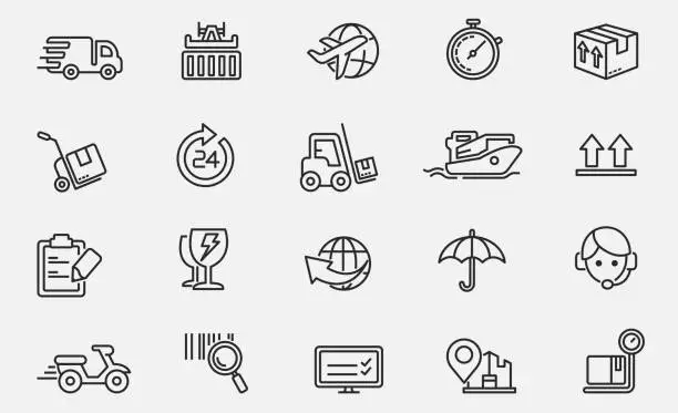 Vector illustration of Delivery Icons - Line Series stock illustration , Icon, Distribution Warehouse, Delivering, Warehouse