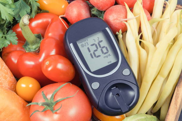 istock Glucometer with fresh vegetables as source minerals and vitamins. Diabetes, healthy lifestyles and dieting 1282950962