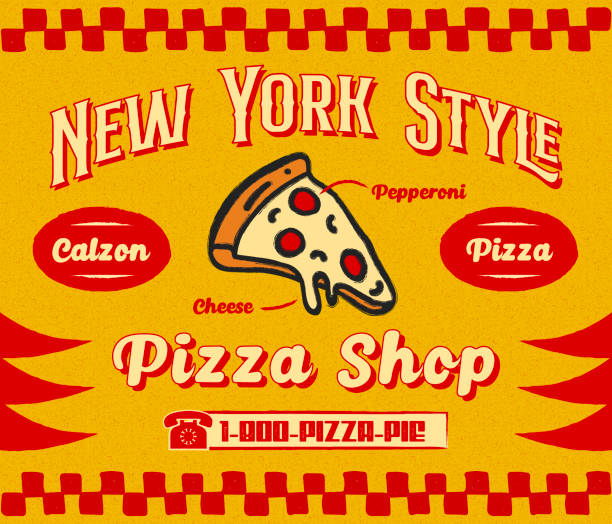ilustrações de stock, clip art, desenhos animados e ícones de bistro style pizzeria promo banner or flyer template with slice of pizza icon on retro delivery poster - pizzeria