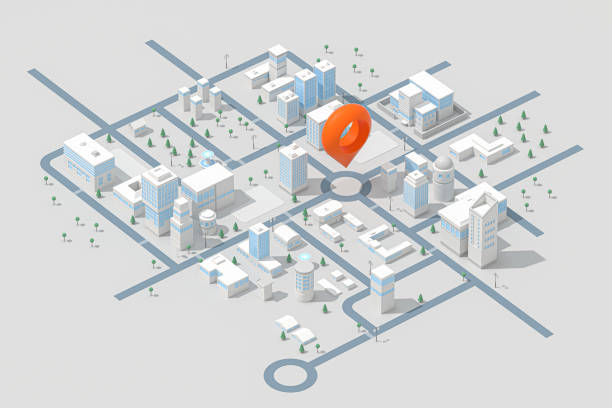 istock Mini-city with location sign, transportation background, 3d rendering. 1282959857