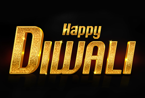 Gold Glittering letter type composition of Happy Diwali Font. 3D Rendering