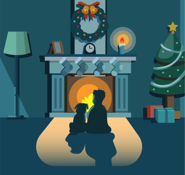 bildbanksillustrationer, clip art samt tecknat material och ikoner med pojke och hund sitter främre eldstad hemma i julnatten koncept i tecknad illustration vektor - children tree christmas silhouette