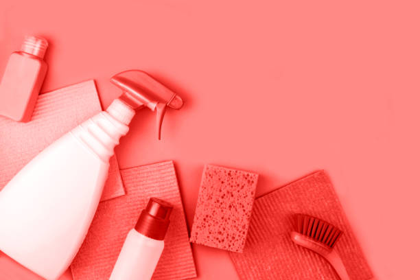 istock House cleaning products are on red background. 1282969363
