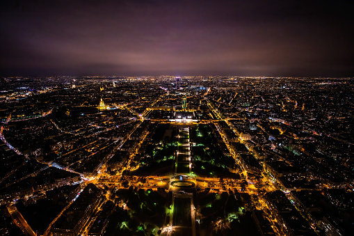 High angle view of a urban skyline of Paris, France by night.