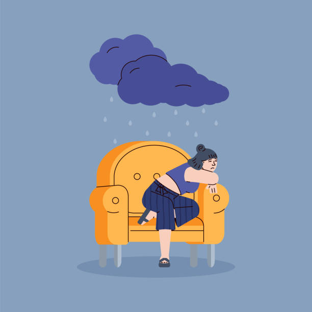 Depressed sad young woman sitting alone in a yellow chair a vector illustration. Depressed sad young woman sitting alone in a yellow chair. Unhappy upset girl in rain from a dark cloud. Psychology, female psyche, bad mood and stress. Vector line illustration psyche stock illustrations