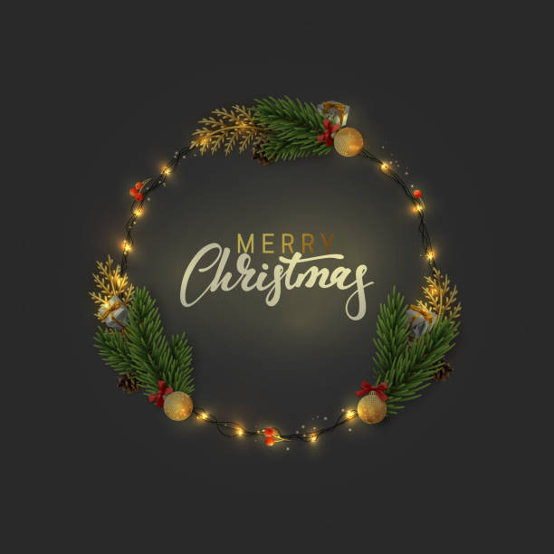 istock Christmas background of circular frame with pine branches and xmas balls. 1282971412
