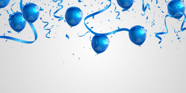 慶祝黨橫幅與藍色氣球背景。銷售插圖。盛大開卡豪華問候豐富。框架範本。 - balloon 個照片及圖片檔
