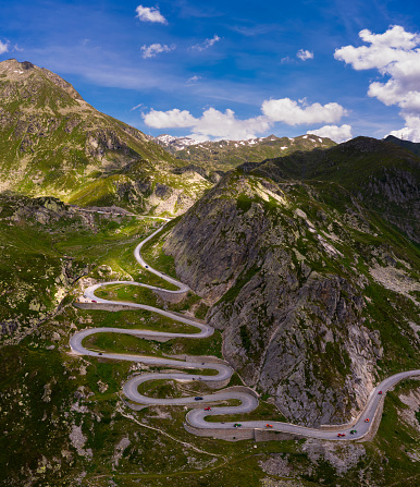 Hairpin bends on the Stelvio Pass (Italian: Passo dello Stelvio), a mountain pass in northern Italy bordering Switzerland at an elevation of 2,757 m (9,045 ft) above sea level.