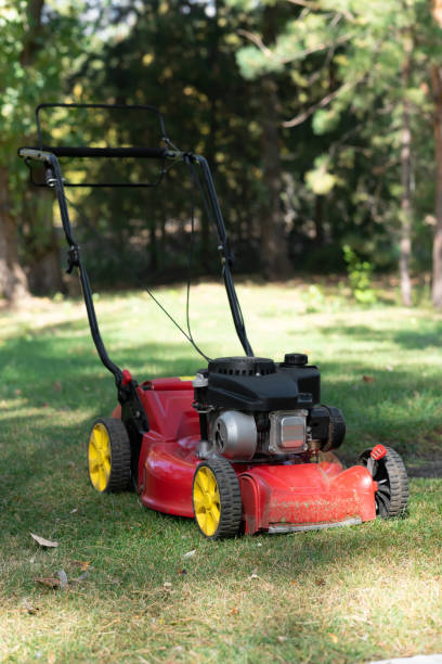 istock Red lawn mower on a green lawn on a sunny day 1282977132