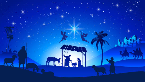 stockillustraties, clipart, cartoons en iconen met heilige nacht scène - kerststal