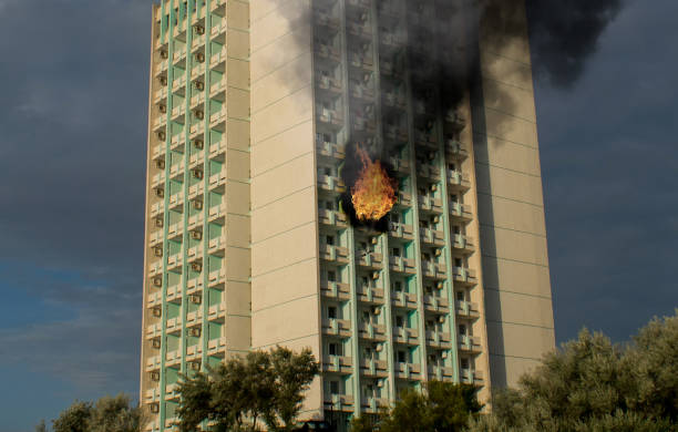 istock Explosion in the building. The building is burning 1282982710