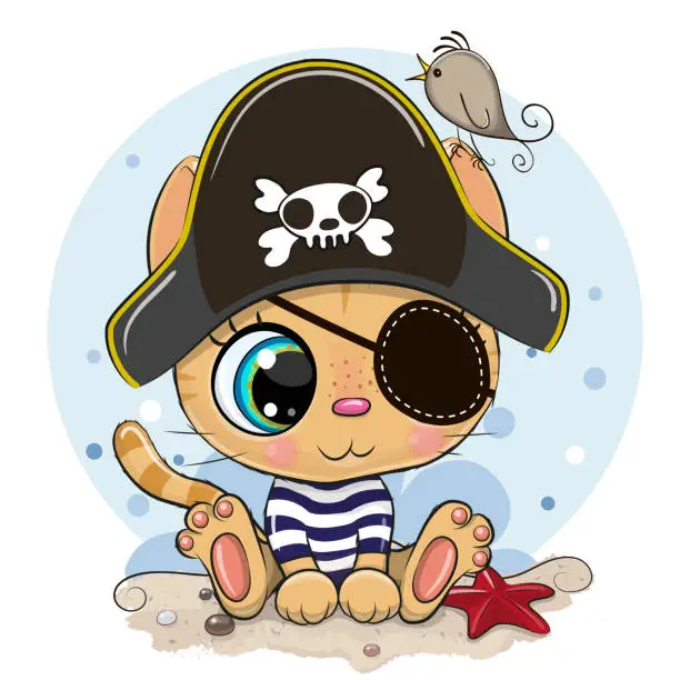 Vector illustration of Cartoon Orange Kitten in a pirate hat