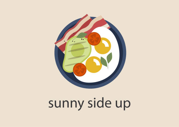 солнечная сторона вверх жареные яйца с беконом и авокадо на гриле, завтрак идеи, кето диеты - breakfast eggs bacon fried egg stock illustrations
