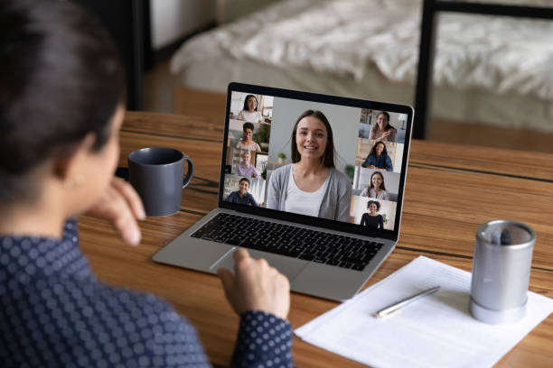 istock Women talk on video call on laptop at home 1282984214