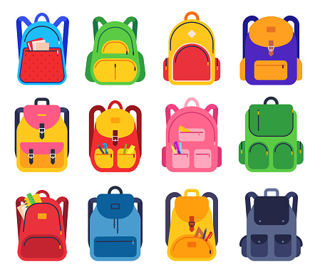School backpack. Color schoolbags zipper and pockets with stationery supplies for students, rucksacks for traveling, study flat vector set. School bag and luggage, pack and backpack illustration