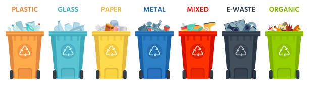 istock Recycling bins. Containers with separated garbage. Trash cans for plastic, glass, paper and organic. Segregate waste vector illustration 1282984338