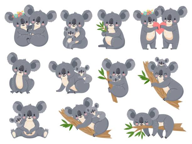 ilustrações de stock, clip art, desenhos animados e ícones de cute koala and baby. cartoon little koalas with moms. australian bear loving couple hug. baby shower party. nature jungle animals vector set - koala animal love cute