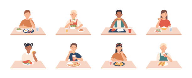 Kids eat. Happy boys, girls group eating delicious meals and drinks at table, enjoying breakfast, lunch children cartoon vector characters Kids eat. Boys, girls group eating meals and drinks at table, enjoying breakfast, lunch children vector character. Dinner sitting people, breakfast enjoying fast food and other meal illustration eating breakfast stock illustrations