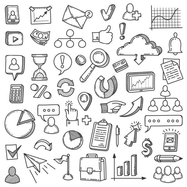 istock Digital marketing doodle. Media market business internet management. Blog communication startup team innovation presentation vector set 1282984368