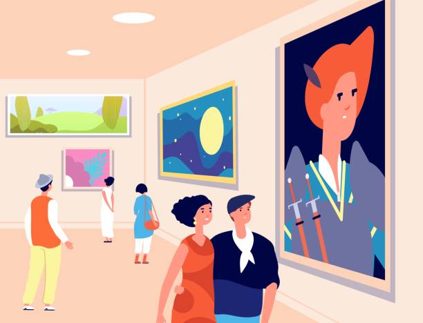 istock Art museum. Modern artist exhibition, contemporary gallery. People looking at artistic paintings. Excursions exposition vector illustration 1282984613