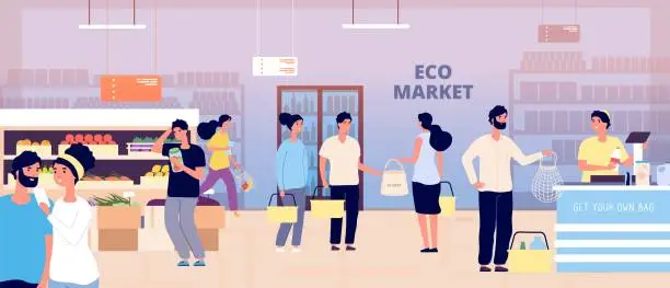 Vector illustration of Eco grocery store. People with own textile bags buy vegetables fruits organic products. Eco market, customers and cashier vector illustration