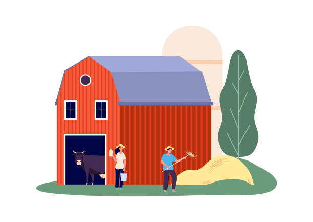 istock Rural farm. Animals shed, dairy products. Flat woman with bucket, man picking hay vector illustration 1282984648